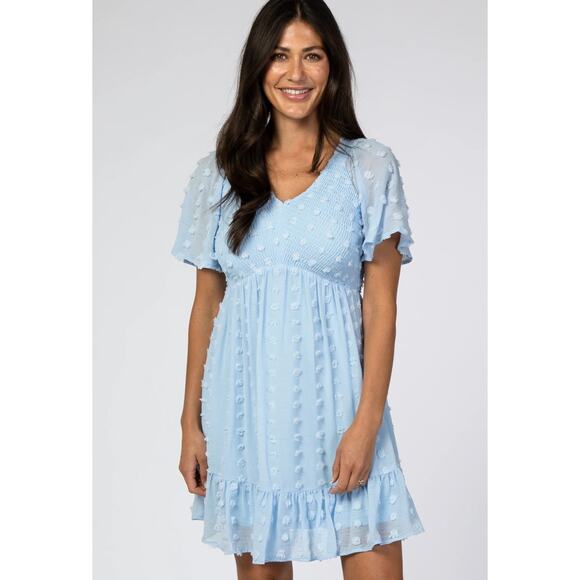 Jodifl Mini Dress M Baby Blue Smocked Swiss Dot Ruffle Hem Lined Flutter Sleeve - Picture 2 of 9
